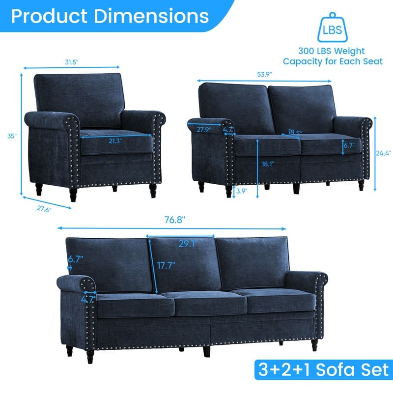 Mixoy 3Piece Chenille Living Room Sofa Set,Modern 3-Seater Sofa Couch&Loveseat Sofa&Single Sofa Armchair Set,Unique Riveted Look