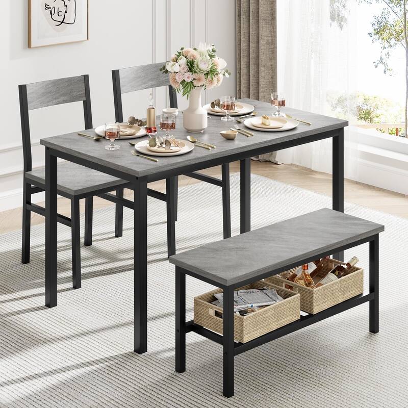 Dining Set for 4 with Table, Chairs & Bench, Metal Frame with Storage Rack, Ideal for Small Dining Room Area