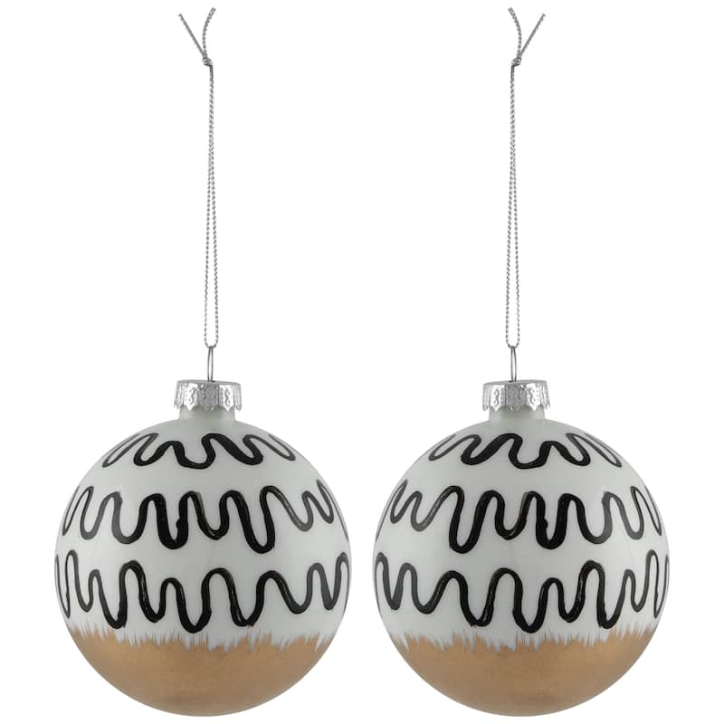 Abstract Glass Ball Christmas Ornaments - 3" (80mm) - White and Black - 6ct