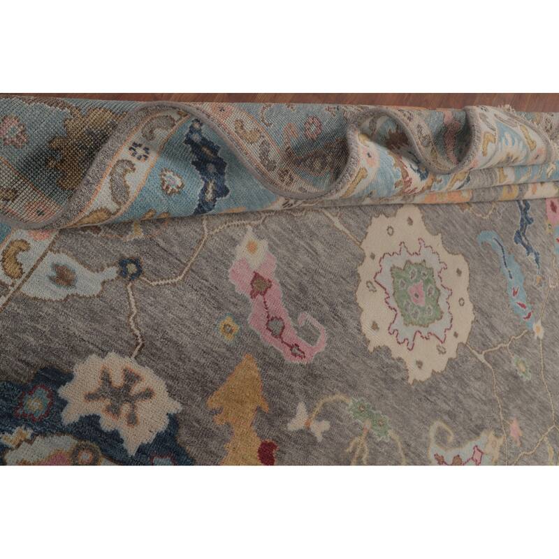 Gray Floral Oushak Area Rug Hand-Knotted Wool Carpet - 8'8"x 11'10"