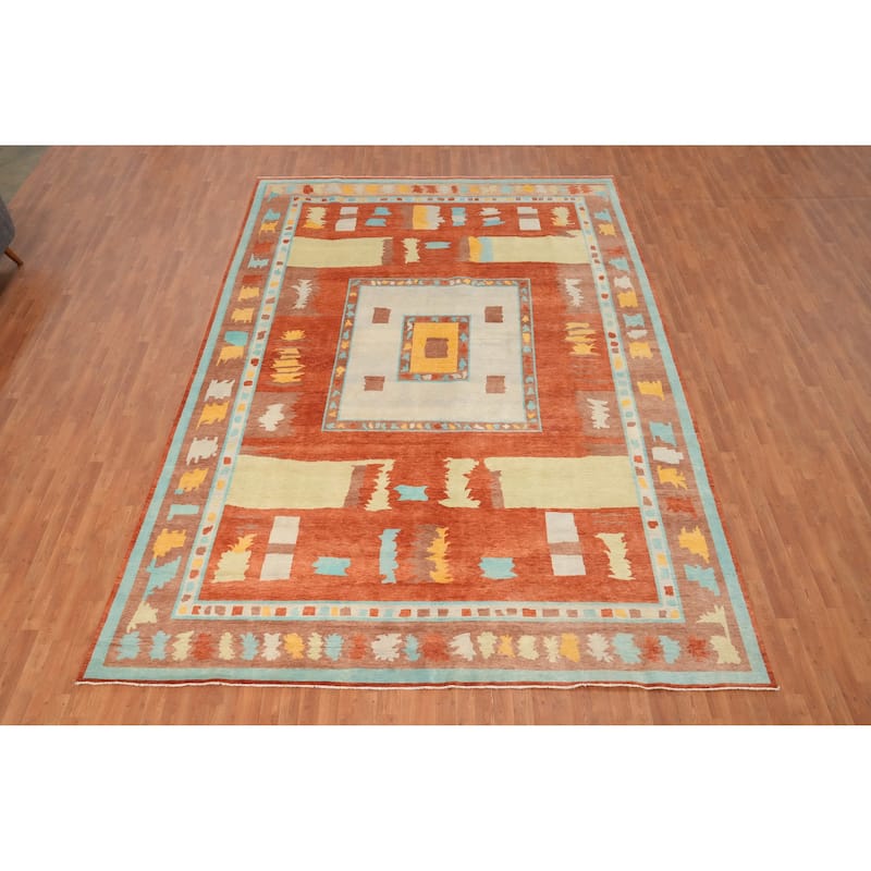 Hand Knotted Oriental 100% Wool Carpet Modern Geometric Oranges & Rust Gabbeh Area Rug - 14' 1'' X 9' 11''