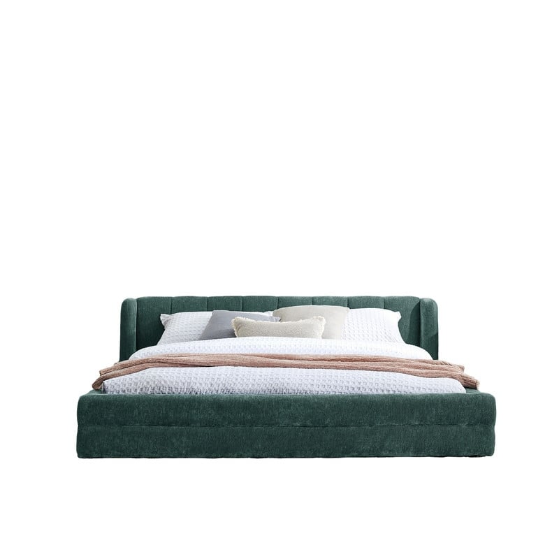 Queen-Sized Chenille Upholstered Bed with Headboard and Solid Frame. -  Blue+Green