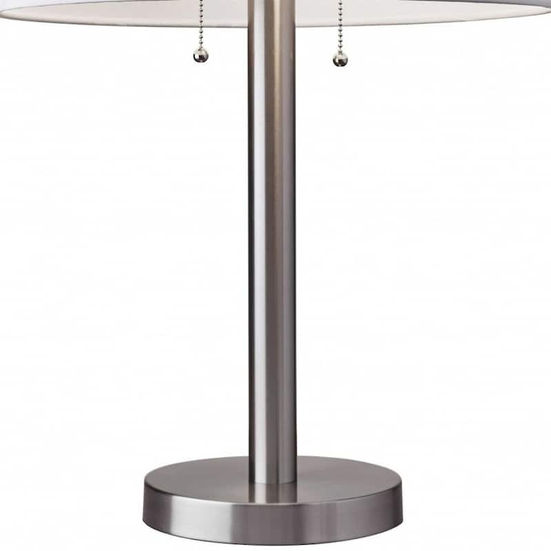 Silver Metal Base Bedside Table Lamp with White Drum Shade Dual Pull Chain - 17” x 17” x 28” (D x W x H)