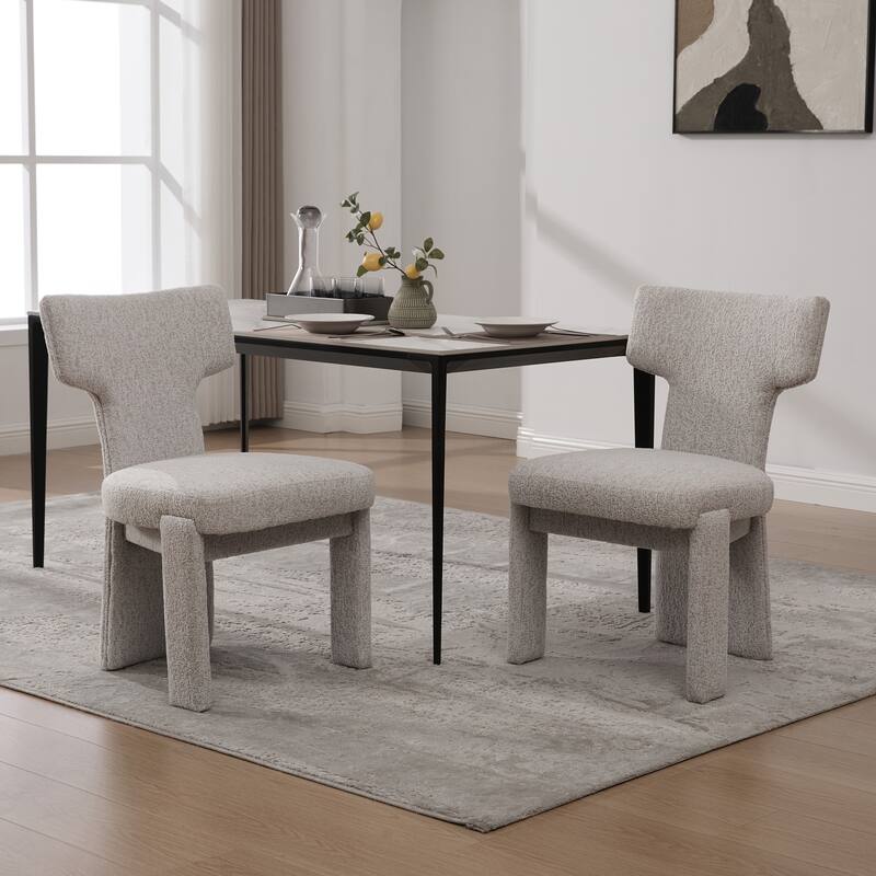 Modern Upholstered Chenille Dining Chair Set, Armless Kitchen Side Chairs Curved Back Accent Chairs w/ Wood Legs for Living Room - Beige Set of 2