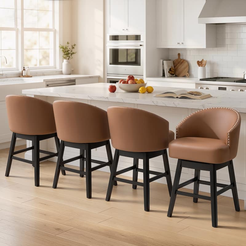 26.4''/31.9"H Faux Leather Upholstered Solid Wood Swivel Bar Stools / Counter Stools - Set of 4 - 26.6''Brown - Counter Height