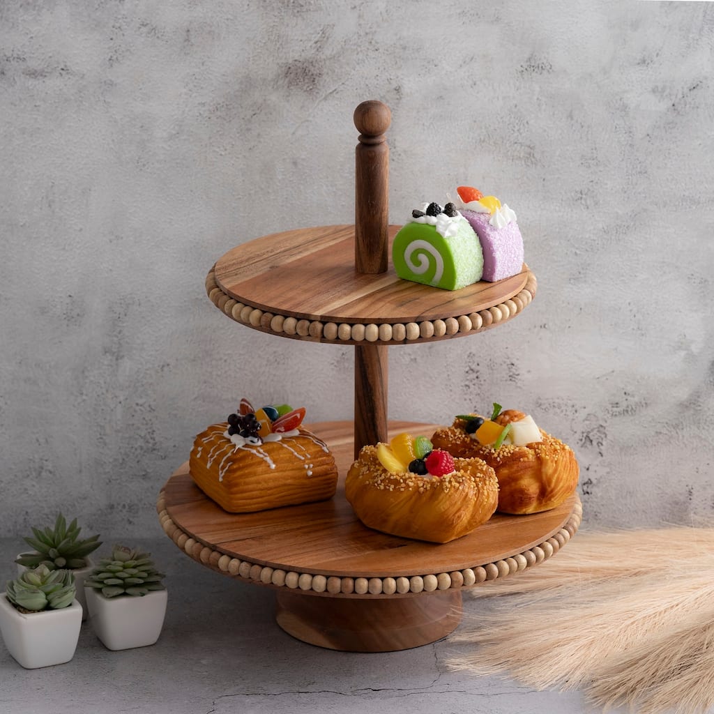 Acacia Wood Beaded 2 Tier Cake Plate