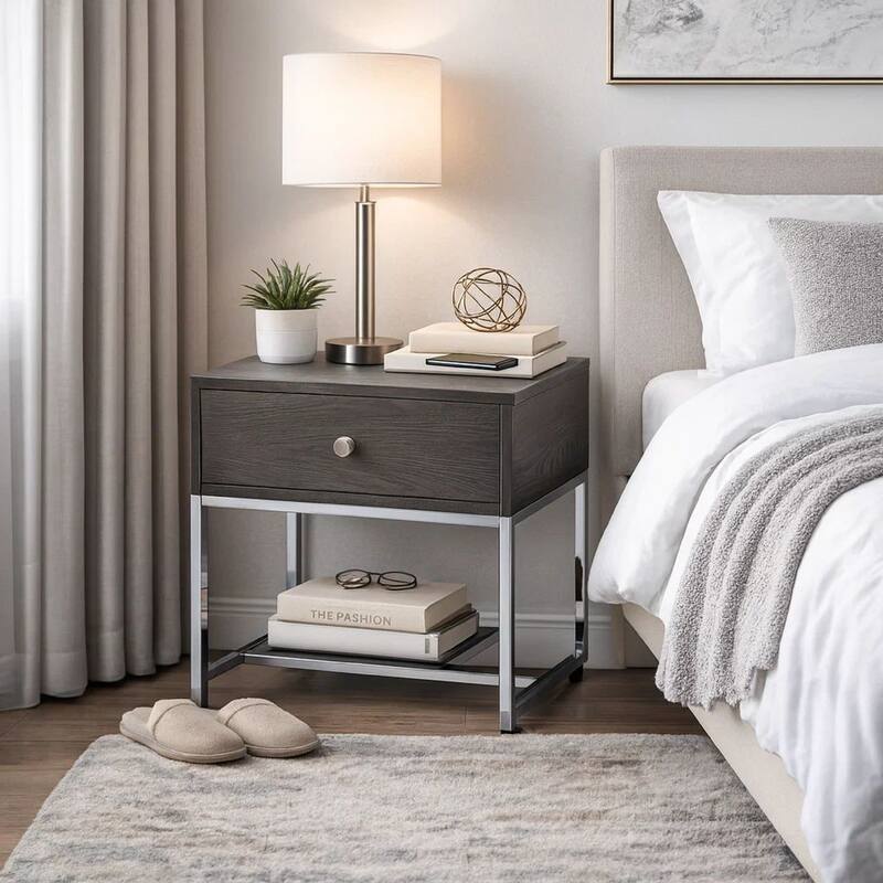 Wooden End Table with Tubular Metal Base and Spacious Drawer, Gray and Silver