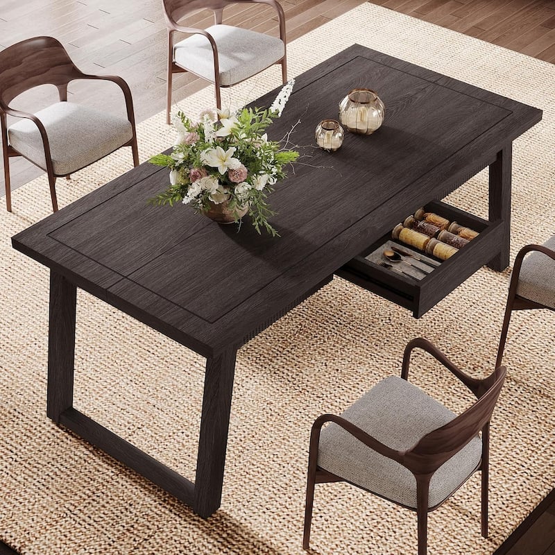 55 Inches Dining Table with Storage Drawer, Rectangular Dinner Kitchen Table