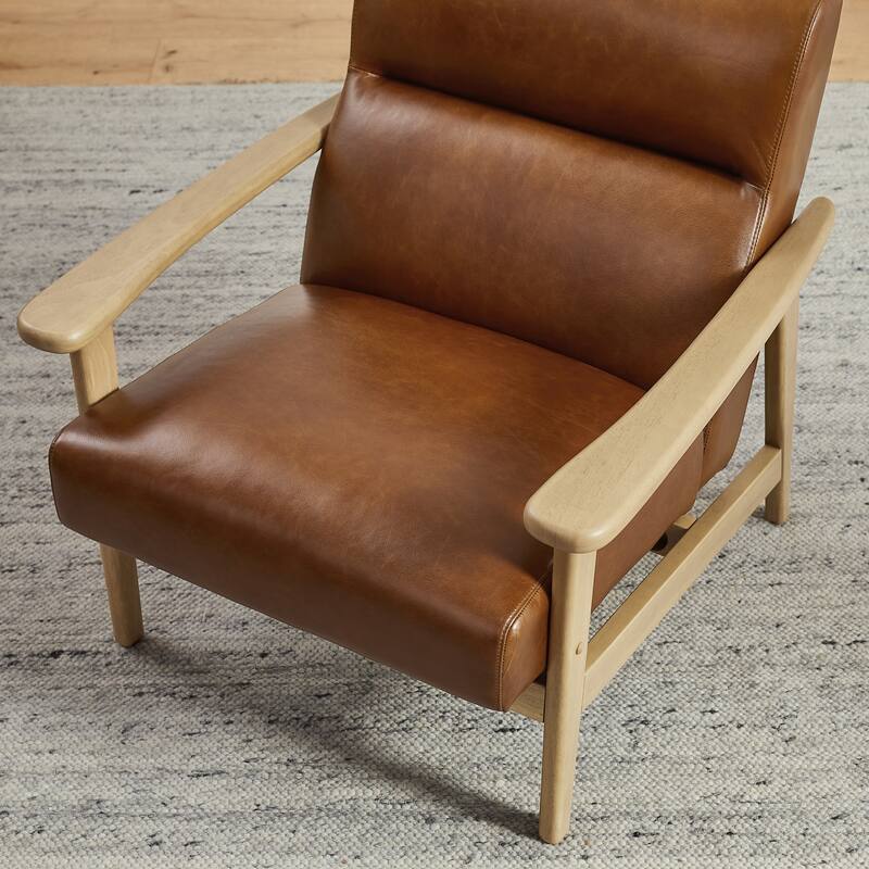 Modern Genuine Leather Accent Armchair with Natural Solid Wood Frame