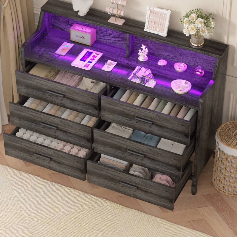 6 Drawers Dresser with Charge Station and LED Light, Closet Organizer for Bedroom
