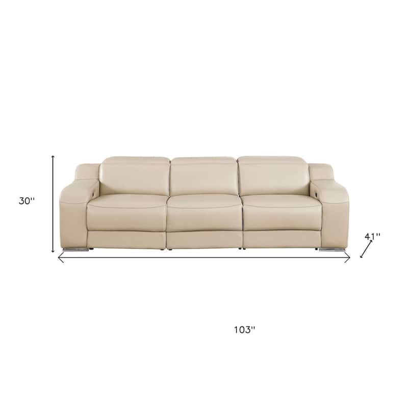 HomeRoots 103" Beige Italian Leather Reclining USB Sofa