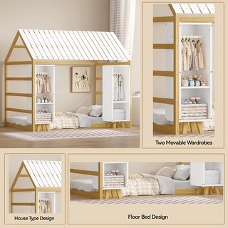 Twin Size House Bed Wooden Kids Bed Floor Bed with Fence and Semi-Enclosed Roof, 2 Movable Wardrobes Practical and Functional