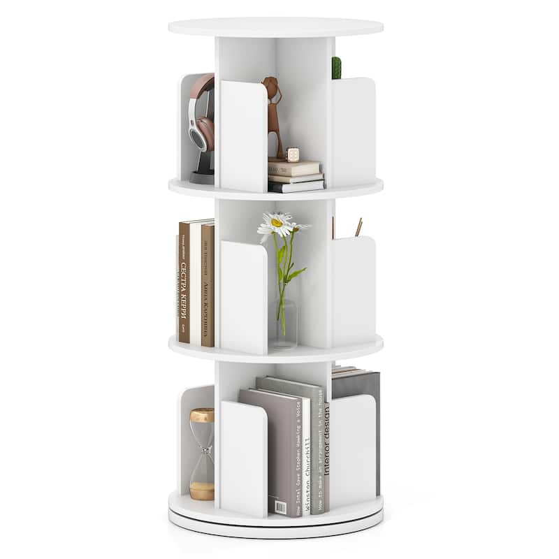 Space-Saving 3-Tier Rotating Bookshelf Storage Rack Tower with Divided Shelves Ideal for Photos or Decor - 15.5" x 15.5" x 38.5" - White