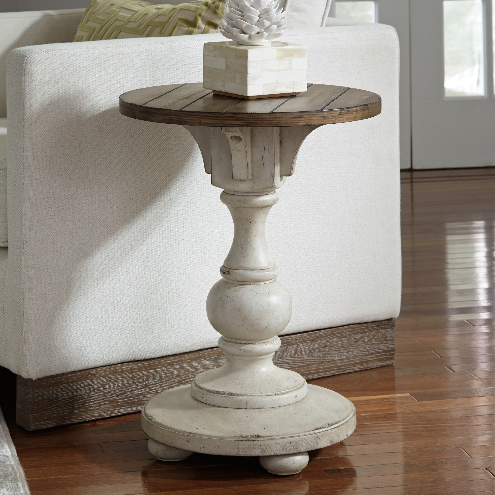 Heartland antique white round pedestal chair hotsell side table