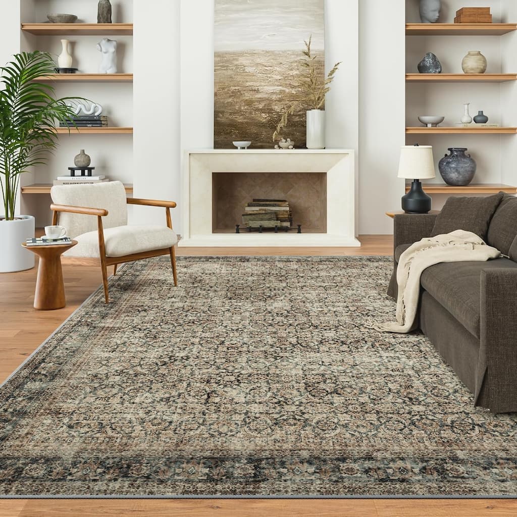 Mcow Floral Faded Low Pile Machine Washable Non-Slip Area Rug