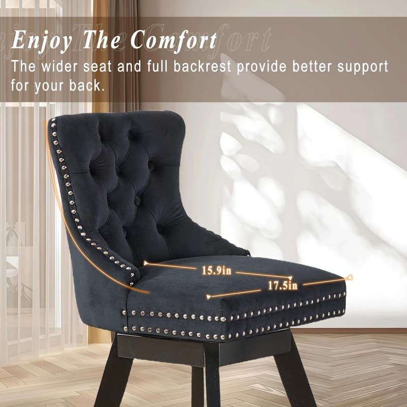 Tufted Swivel Velvet Rubberwood Nailhead Barstools (Set of 2)