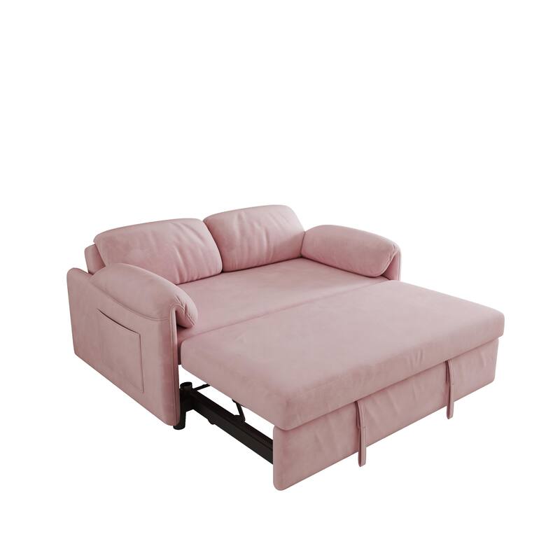 3 in 1 Convertible Sleeper Sofa Bed, Velvet Pull Out Couch Bed, Loveseat Sofa with Reclining Back & Pillows Armrests