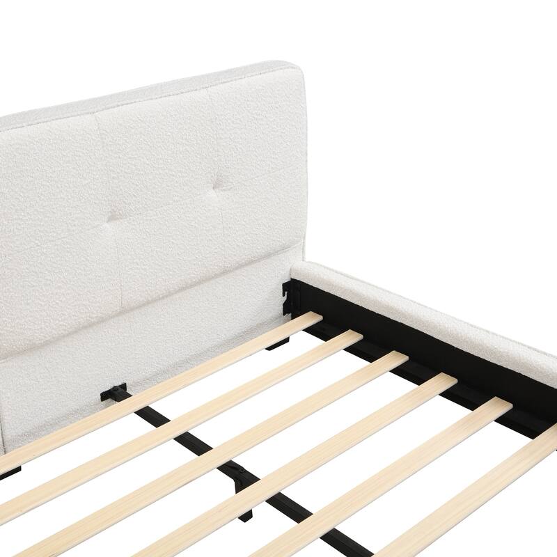 King Size Boucle Bed Frames, Upholstered Platform Bed with Curved Tufted Headboard, Soft Square Corners, Beige