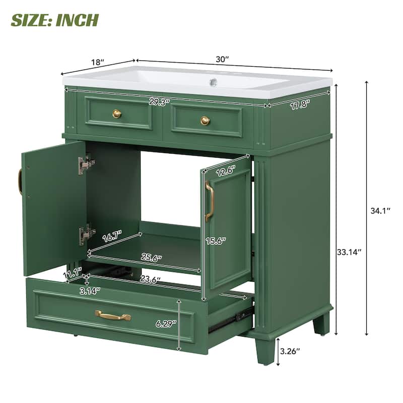 30 Inch Freestanding Bathroom Vanity with Resin Top, Solid Wood & MDF Cabinet, Vintage Design, 1 Drawer 2 Doors