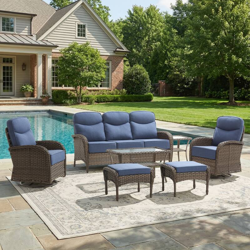 Pocassy Outdoor Wicker Patio Sofa with Swivel Chair Ottoman Sets - Brown Wicker Blue Cushion - 7-Piece Sofa Swivel Chair Ottoman with Table