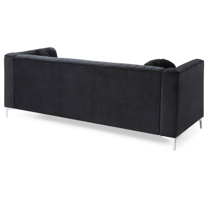 Channel Tufted Velvet 2-Seater Sofa with Throw Pillows - 87" - Black