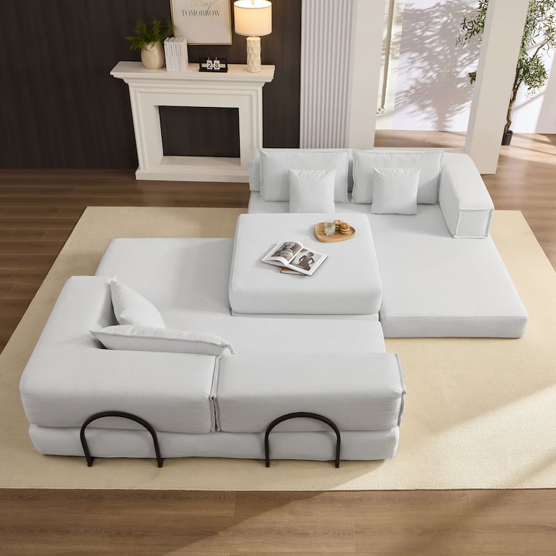 DIY Modular Corduroy L-Shaped Floor Sofa Set with 6 Pillows