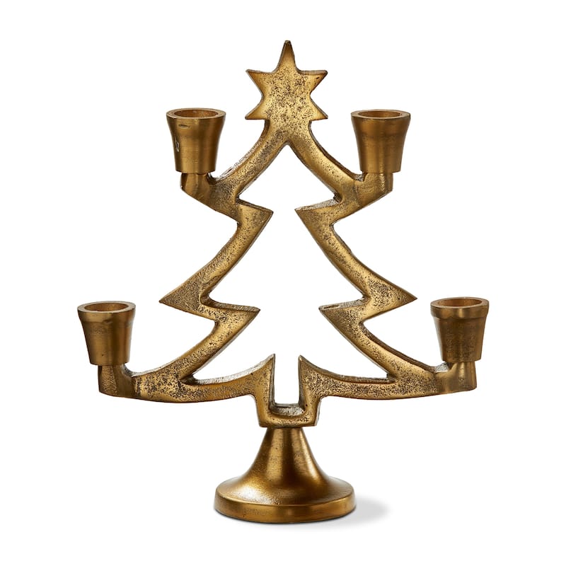 Antique Brass Gold Christmas Tree Taper Candle Holders Set of 2, 10.5 in H, Elegant Aluminum Decor for Holiday