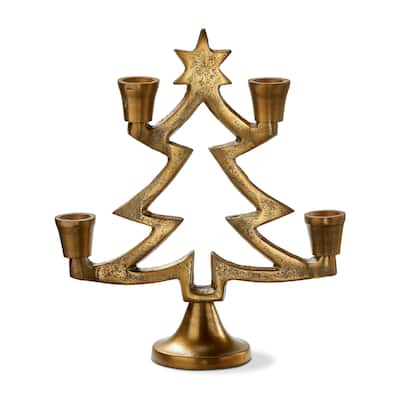 Antique Brass Gold Christmas Tree Taper Candle Holders Set of 2, 10.5 in H, Elegant Aluminum Decor for Holiday