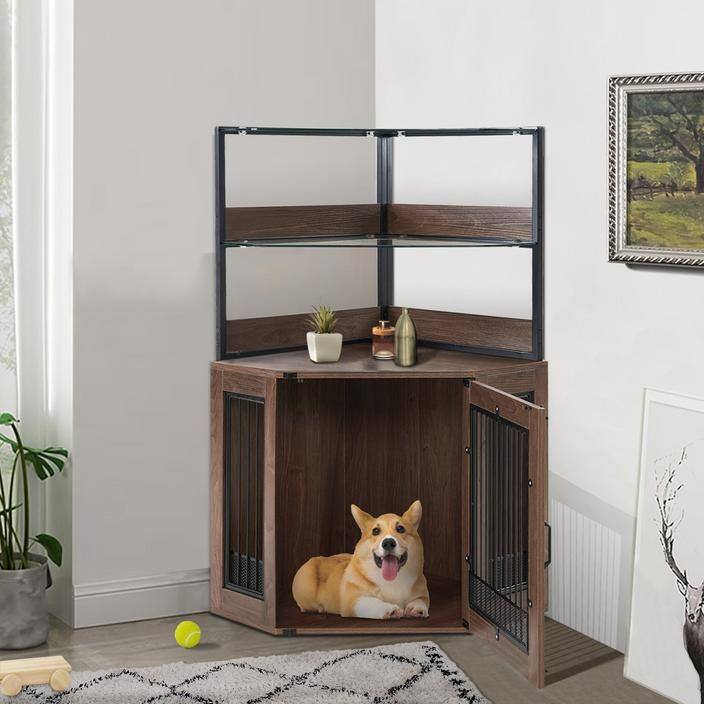MCombo Corner Dog Crate Furniture with Glass Shelves, Wooden Dog Kennel Furniture with Door, Pet Crate Indoor Use, CN28 - Small - Brown
