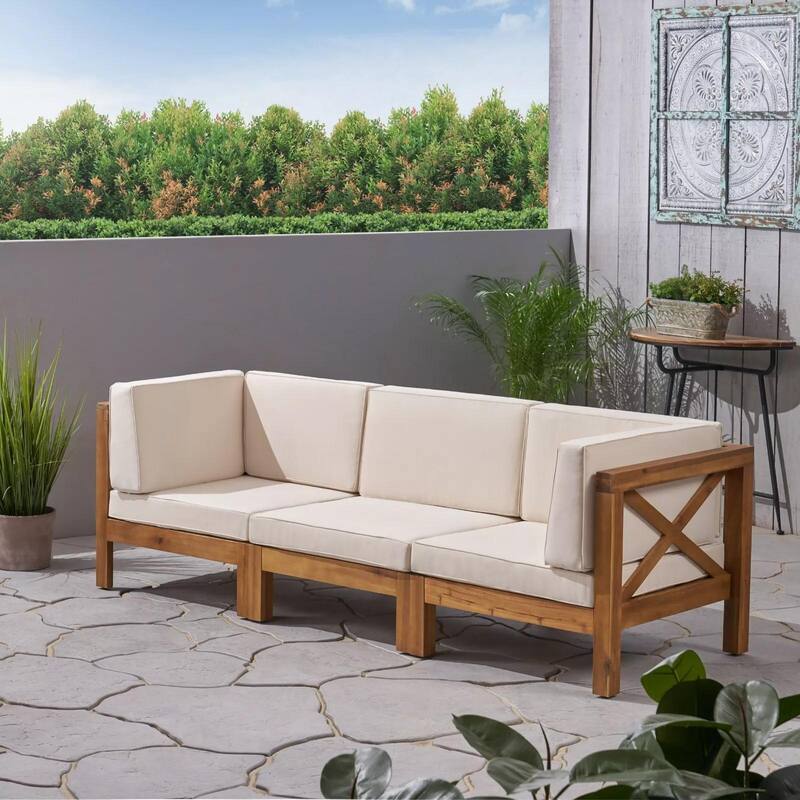 Roomfitters Outdoor X-Back Loveseat with Acacia Wood Frame and Weather-Resistant Cushions - Beige -  3-Seater