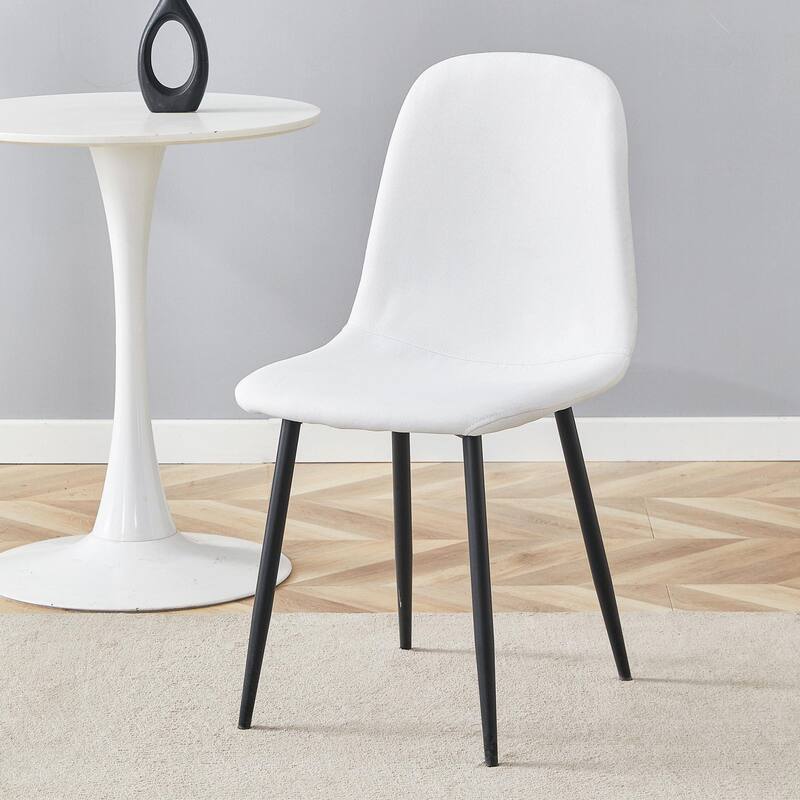 Luxury Simple Chair - Set of 4 WHITE Linen-Cotton Material High Resilience Dining Chair with Metal Black Leg