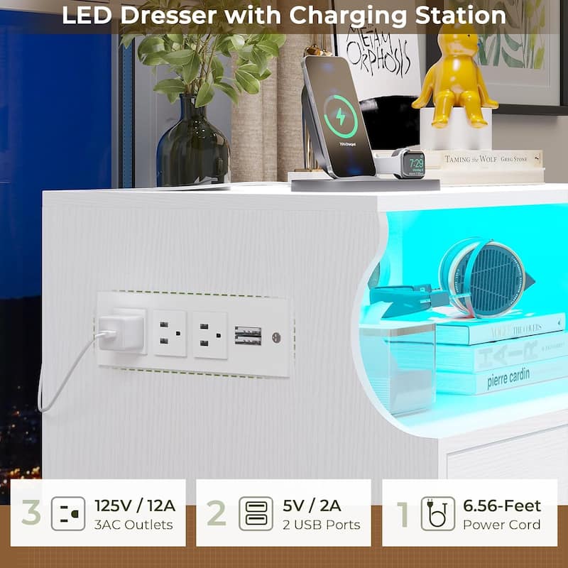 Dresser Charging Station 4 Drawers LED Dresser for Bedroom