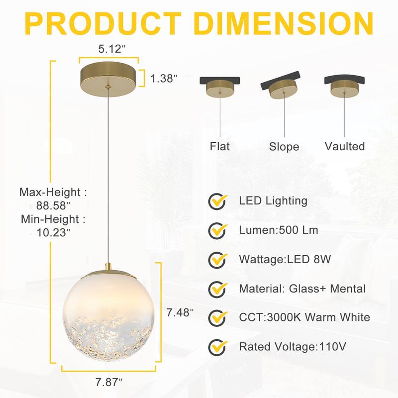 Modern LED Pendant Light with Translucent White Glass Globe - Dia.8-in