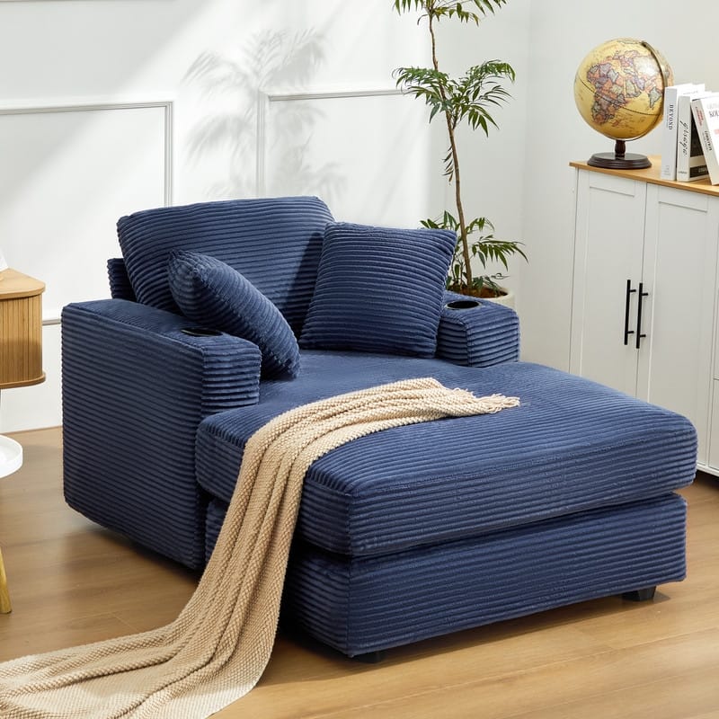 Chaise-Style Corduroy Sofa with Cup Holders and 3 Back Cushions - Reclining Lounge Design
