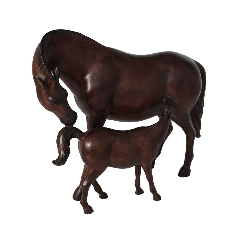 Dark Brown Polystone Horse Decorative Sculpture with Mom and Baby
