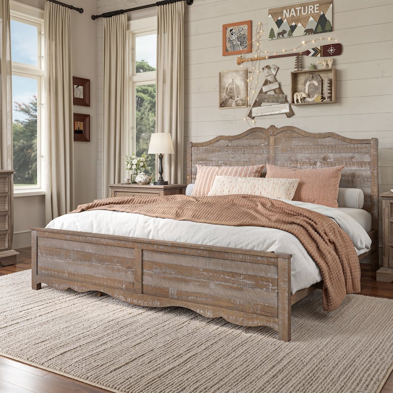 Traditional Solid Wood Bed Frame with Queen/King Size Platform Bed with Headboard for Bedroom