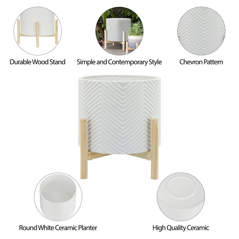 Ceramic Planter Trendy White Planter Elevated on Wooden Stand with Chevron Design For Indoor or Outdoor Plants