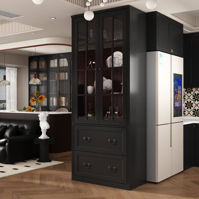 78.7" Combo Buffet Bookcase Storage Cabinet Glass Bookshelf Display