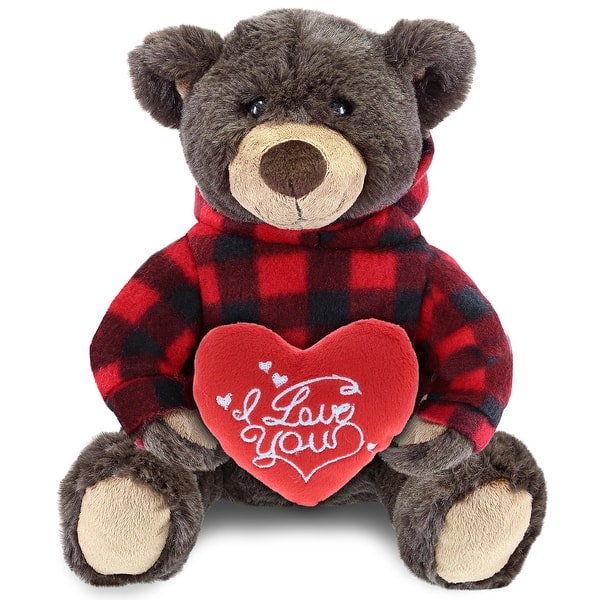 slide 2 of 6, DolliBu I LOVE YOU Brown Bear Plush with Red Plaid Hoodie w/ Red Heart - 10 inches
