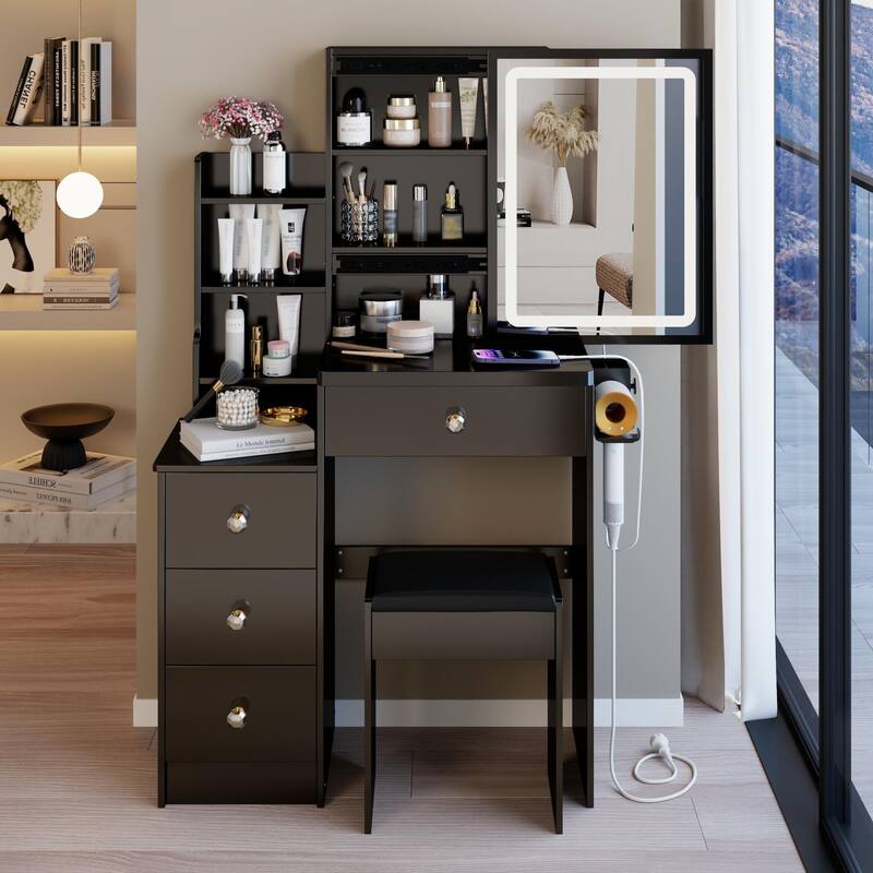 29.2"Small Size Cabinet Vanity Table + Cushioned Stool,2 AC+2 USB Power Station,Hair dryer bracket,Touch Control LED Mirror - Black