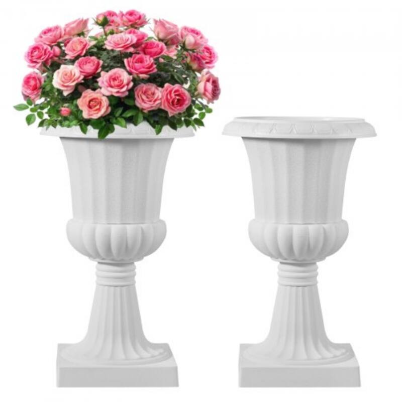 Lightweight PP Plastic Large Outdoor Flower Urn Planter with Drainage Holes and Pedestal Base - 15.74” x 26.4” - White