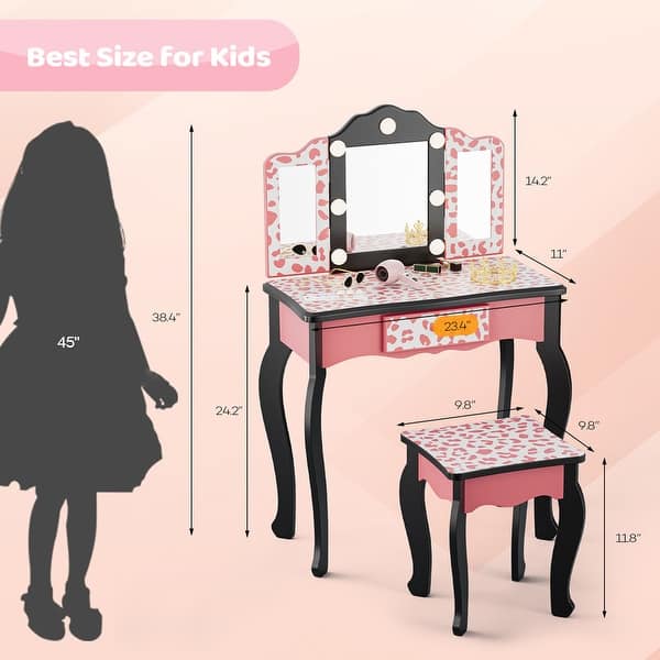 dimension image slide 1 of 2, Kids MDF Vanity Table Set In Pink With 1 Drawer With 3-Color Dimmable LED Bulb - N/A