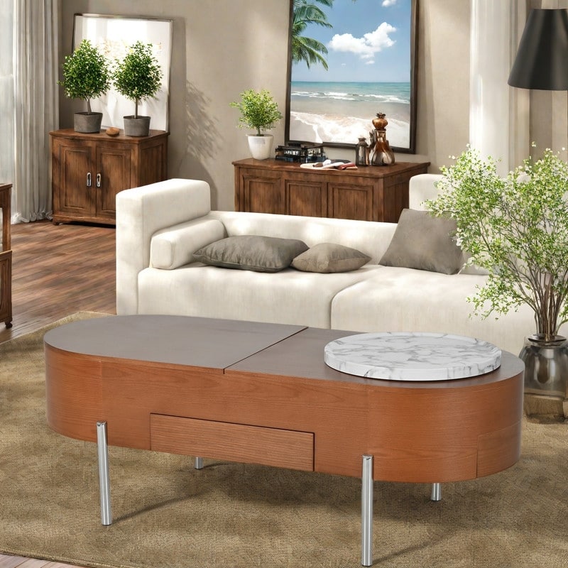 47" MDF Hydraulic Lift-Top Coffee Table - 5 Hidden Storage Compartments & Rotating Tray - Brown