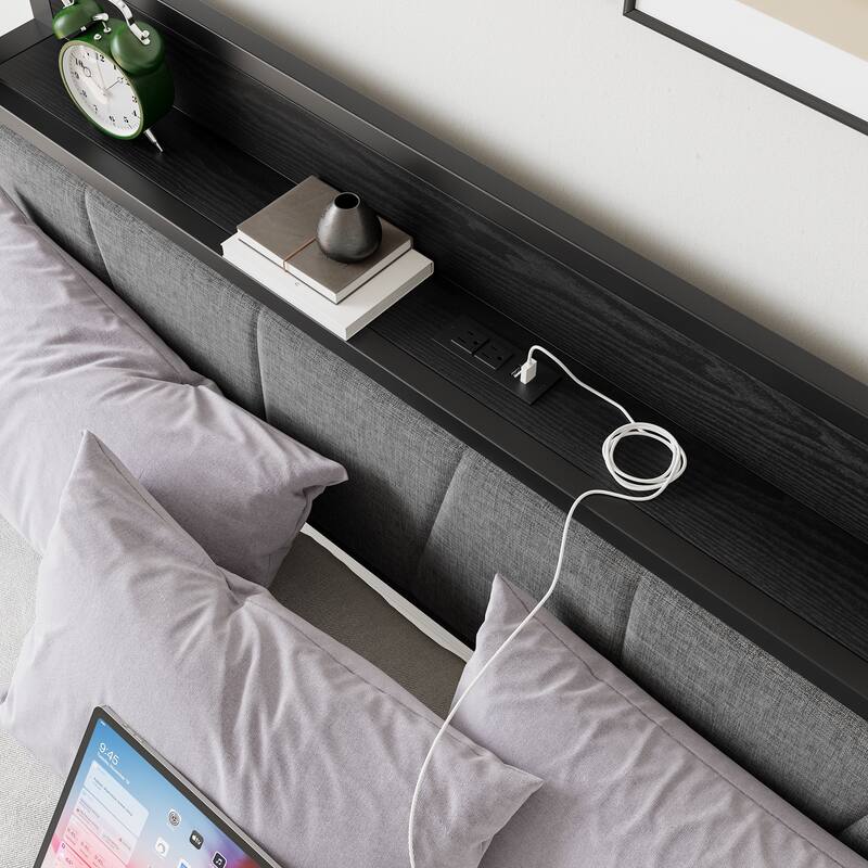 Queen Size Platform Bed Frame with Storage Headboard Charging Station and USB Ports Easy Assembly