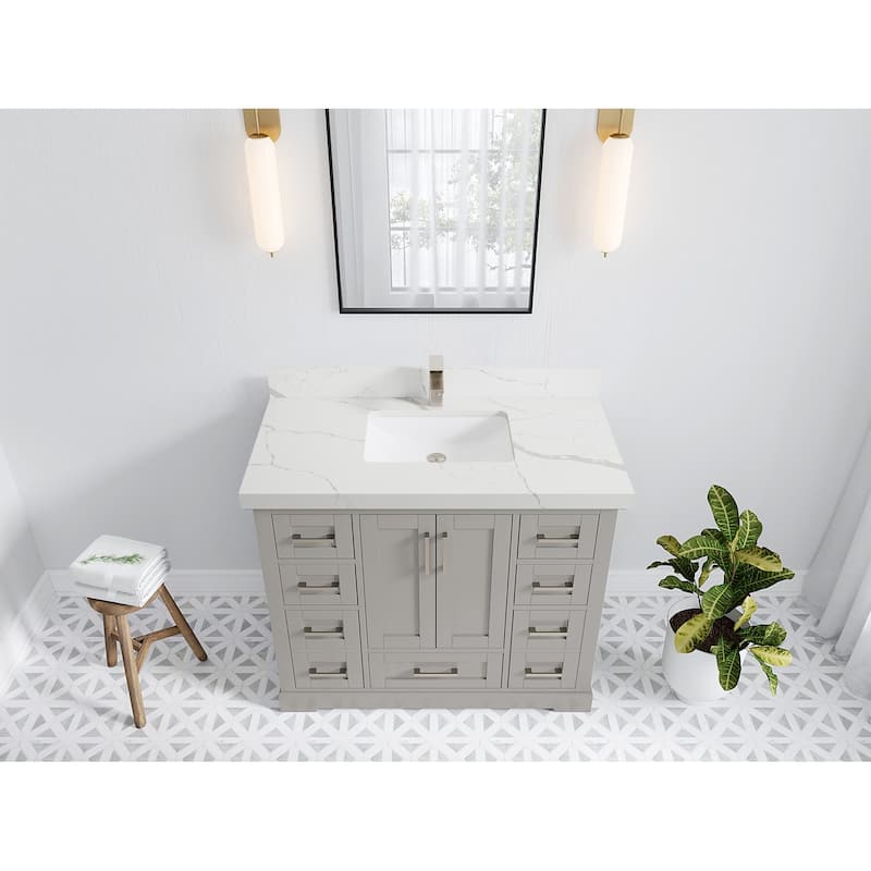Willow Collection 42 in W x 22 in D x 36 in H Boston Single Bowl Sink Bathroom Vanity with Countertop - 2"Calacatta Laza - Elephant Skin Gray