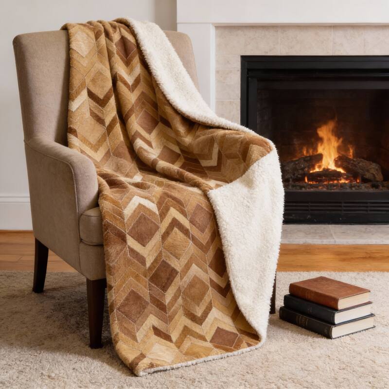HomeRoots 50" X 70" Brown Beige And Gold Geometric Microfiber Plush Throw Blanket - Throw - Beige/Brown/Gold