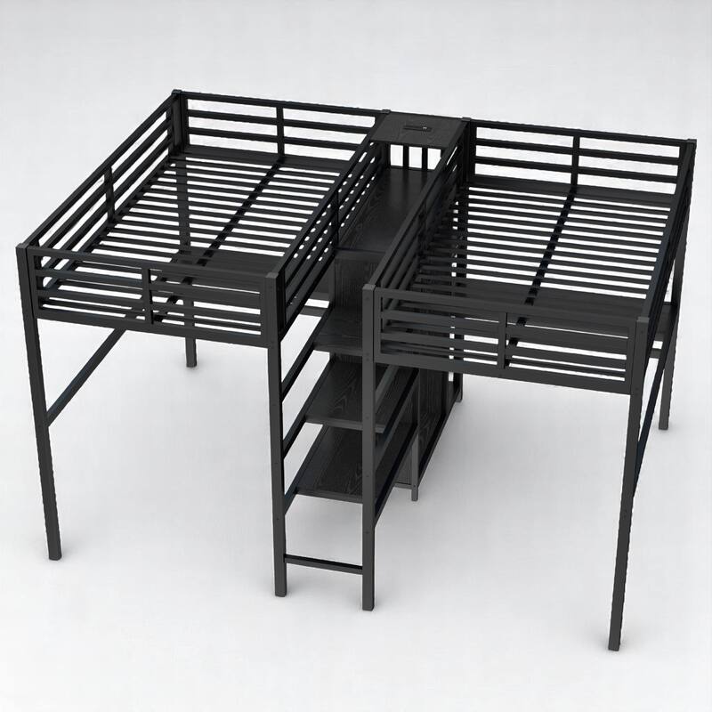 Twin Over Twin Metal Loft Bed with Dual Desks, Wardrobe, Charging Ports & Storage Shelves, Space-Saving Design for Kids & Teens