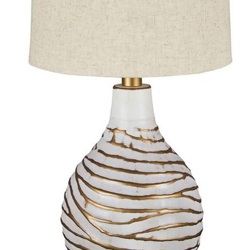 Pot Bellied Metal Table Lamp with Textured Golden Embellishment, White