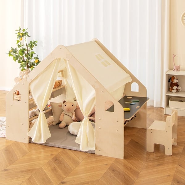 slide 2 of 10, 6-in-1 Kids Play Tent Playhouse with Blackboard 6 Storage Bins and Floor Cushion-Beige - Natural - 57" x 38" x 45" Kids