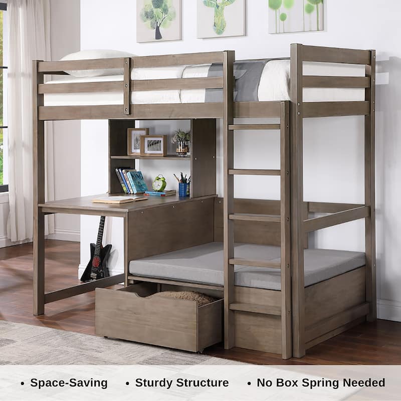 Furniture of America Wegh Solid Wood Twin Size Loft Bed with Workstation and Hidden Storage